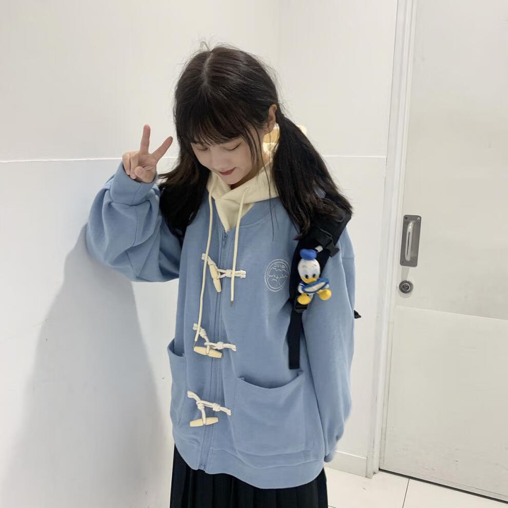 秋冬学院日系软妹可爱牛角扣学生韩版宽松百搭卫衣女上衣外套闺蜜