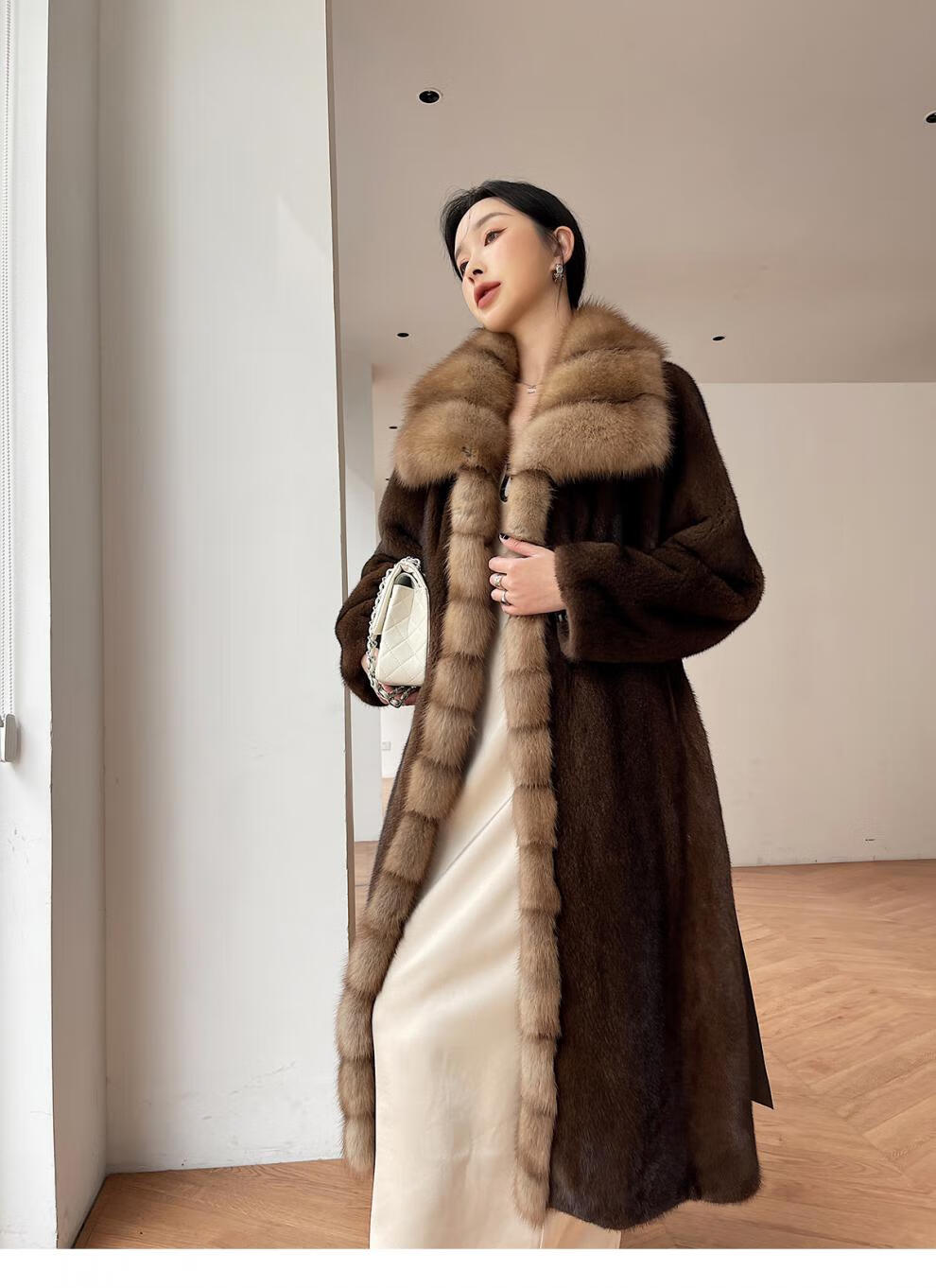 odybird品牌女装貂皮大衣冬季新款紫貂毛领整貂中长款水貂皮草女 咖啡