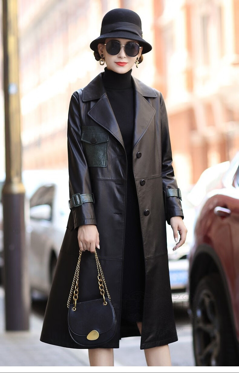 威尔品牌女装真皮皮衣女中长款系带修身显瘦绵羊皮西装风衣外套 黑色