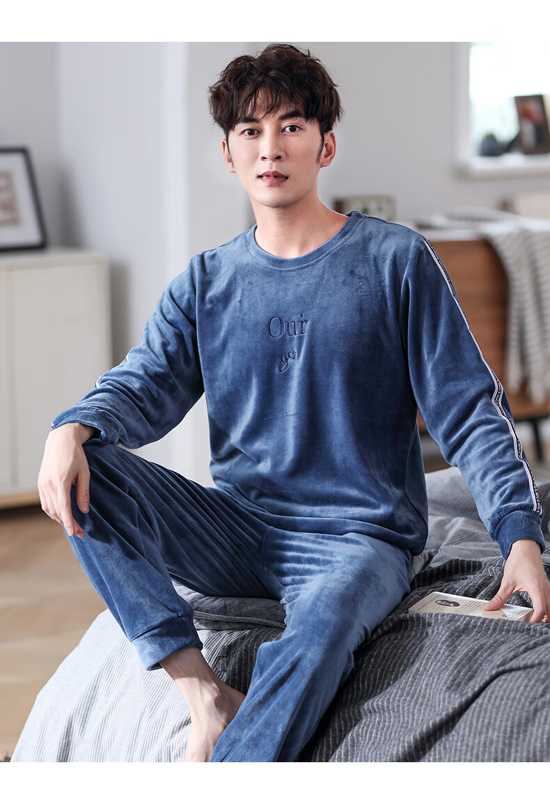 睡衣男士秋冬款加厚海岛绒法兰绒春秋天家居服冬季套装46013蓝色170l