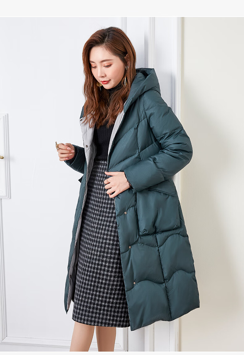 亦朵羽绒服女中长款绿色加厚连帽羽绒服女中长款2020冬季新款白鹅绒