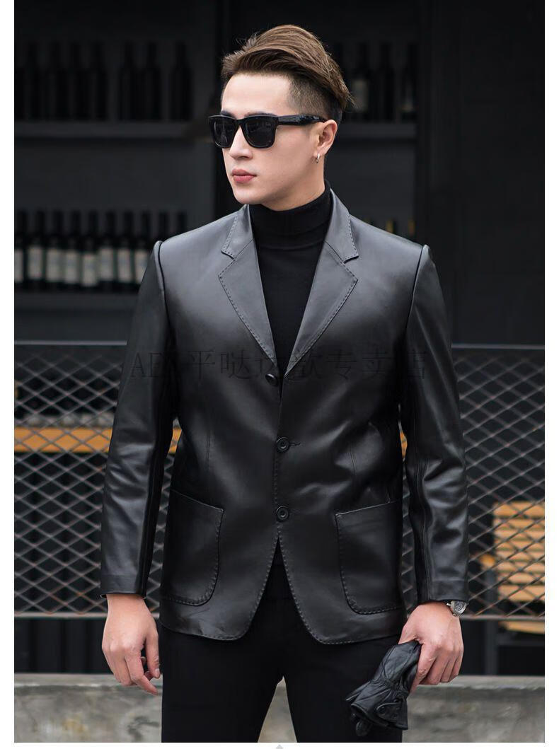 高端品牌男装aex男士休闲西装皮衣夹克中年薄厚款皮衣 黑色西装【春秋
