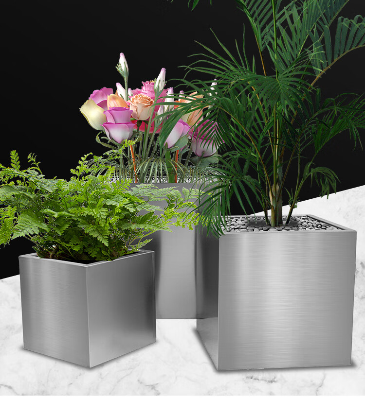 春枝韵不锈钢圆形花瓶户外大型花盆方形长形花器酒店广场宾馆花盆 25*