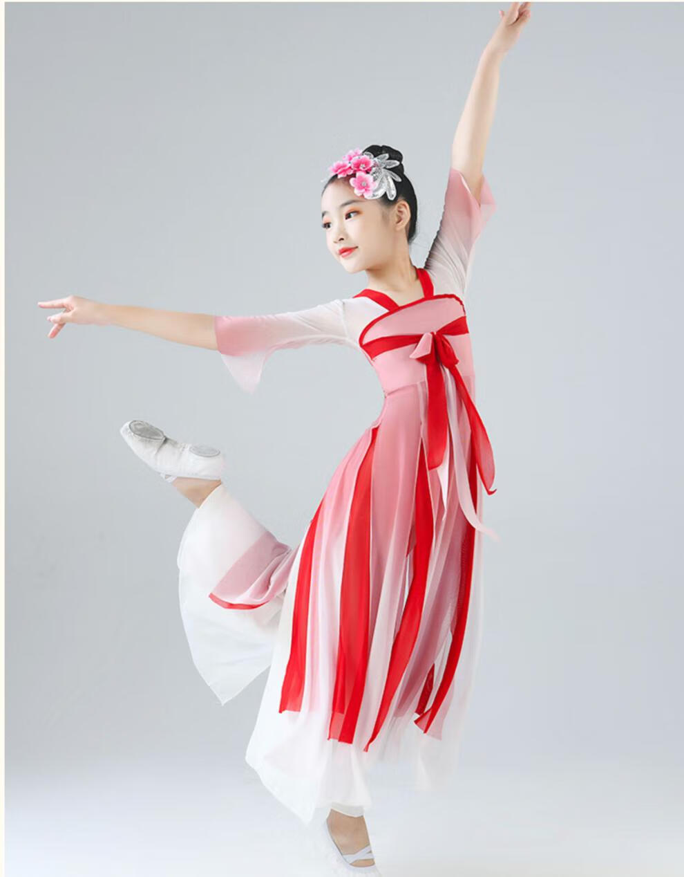 儿童古典舞演出服女童民族飘逸古风身韵扇子舞蹈服装纱衣汉服 粉红色
