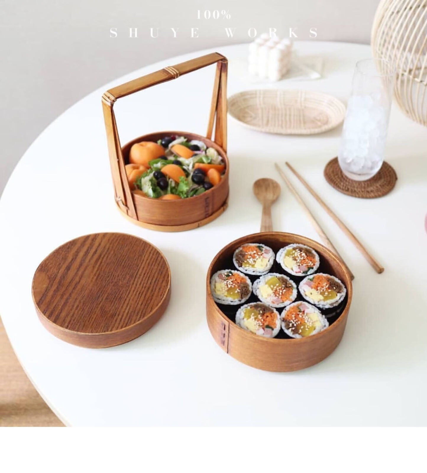 日式ins手提便当盒实木和风野餐饭盒复古木质古风多层寿司餐盒15cm