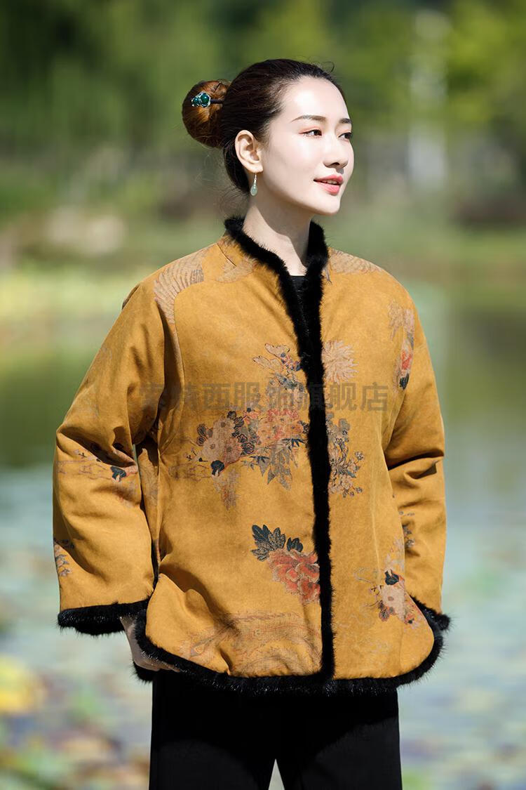 索特西香云纱棉袄冬季保暖夹棉中式唐装棉服上衣轻奢文艺复古女装秋叶