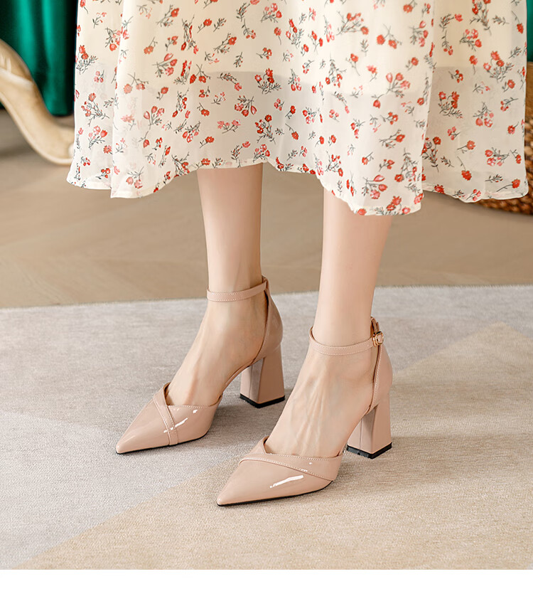 高跟鞋女学生短根皮质包头凉鞋尖头粗跟仙风一字带高跟单鞋 黑色6cm