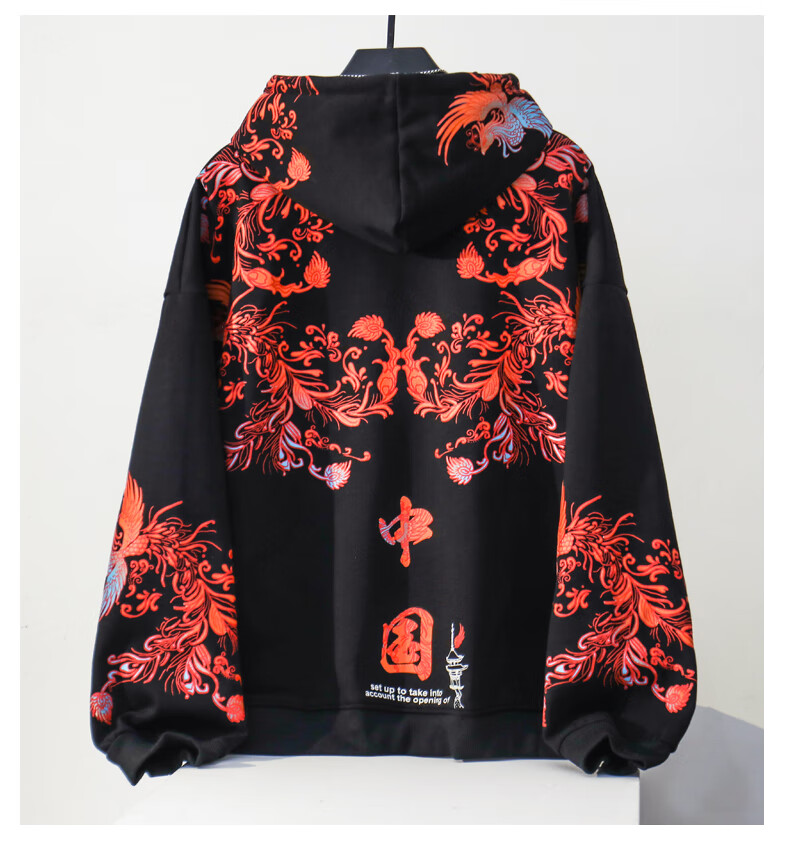 新款国潮中国风凤凰印花连帽卫衣男秋冬款设计感小众新中式情侣带帽衫