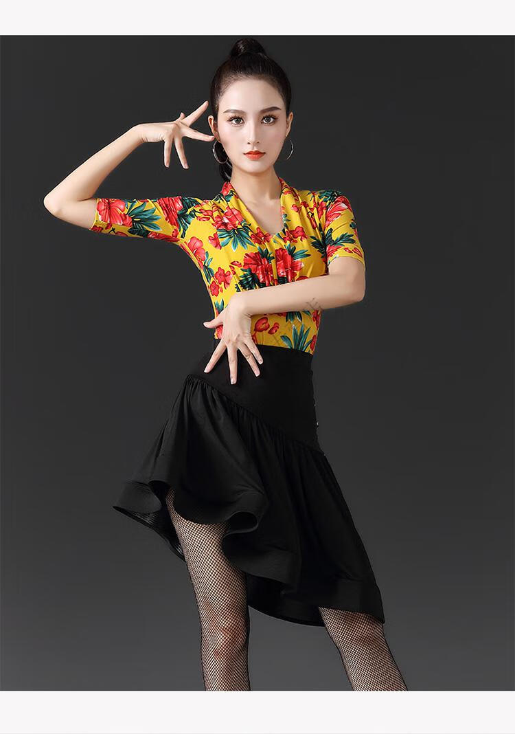 丹宝罗服饰同款新款拉丁舞练功服装女上衣成年摩登标舞花色中袖连体