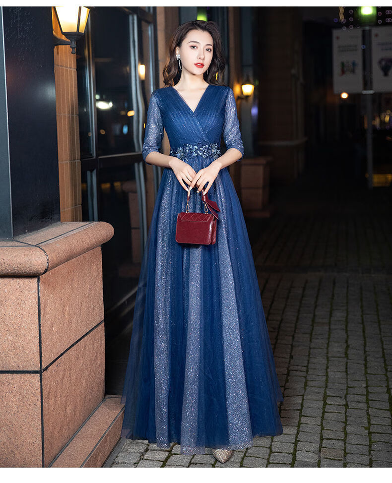 贞溪 公司年会蓝色晚礼服女轻奢法式小众高端长款宴会v领气质朗诵合唱