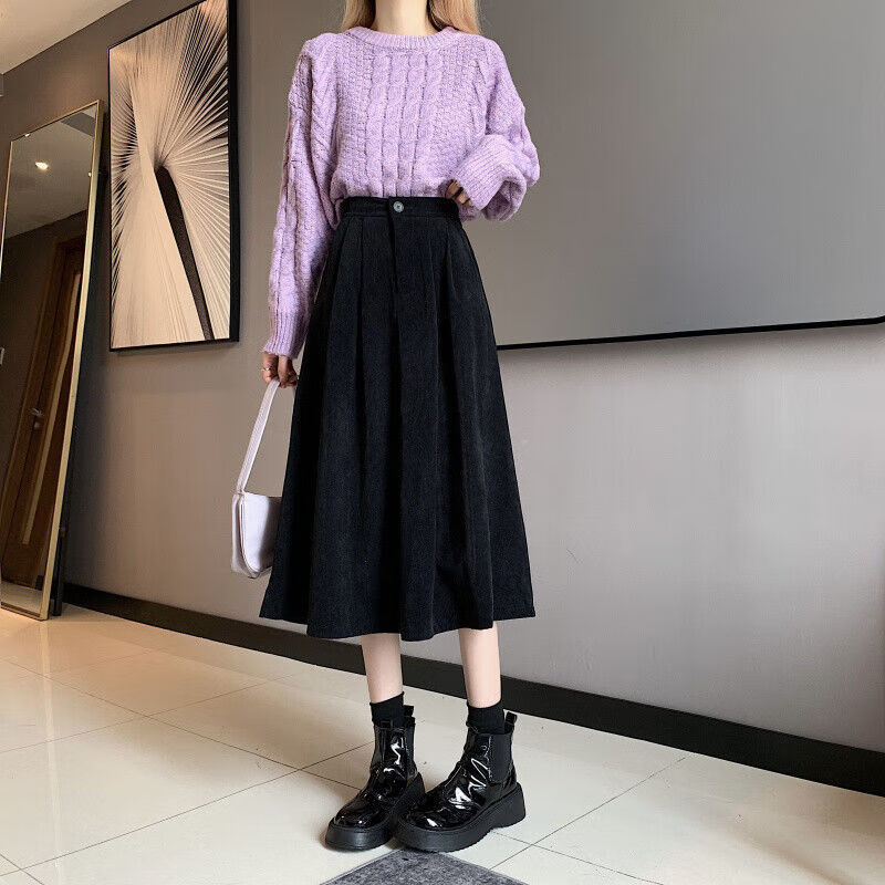 半身裙秋冬女中长款百搭咖色裙子配毛衣a字休闲百褶伞裙潮ss 咖啡色 s