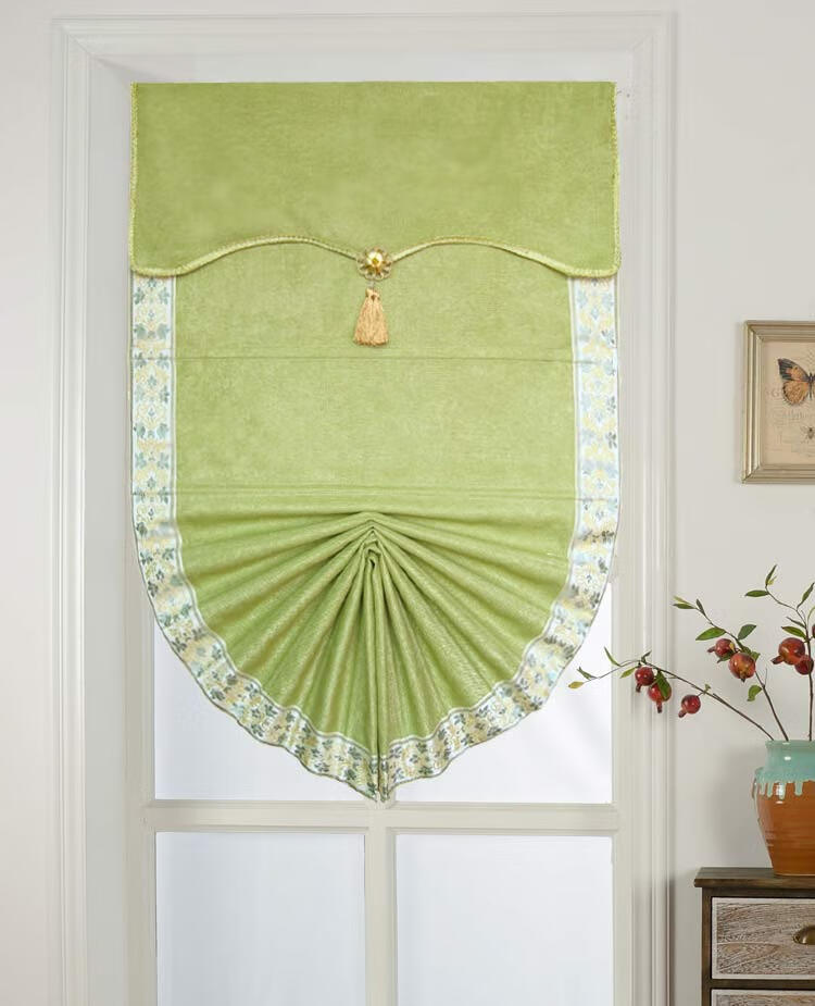 扇形窗帘纯色罗马帘扇形棉麻窗帘遮光地中海卧室餐厅飘窗提拉帘升降帘