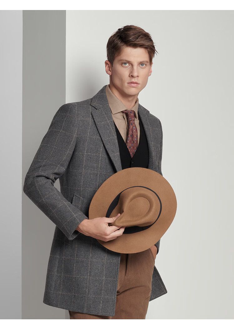 jodoll乔顿冬季毛呢大衣舒适灰色羊毛潮流时尚格纹中长款呢子外套灰色