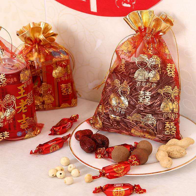结婚喜糖袋中式喜糖袋福袋纱袋装糖果的袋婚庆用品大全婚礼喜糖盒金边