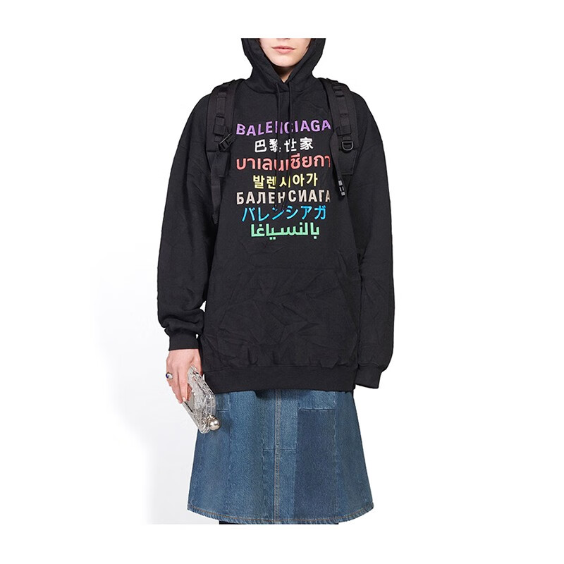 balenciaga巴黎世家女装连帽衫运动衫卫衣彩色语言印花黑色中等剪裁