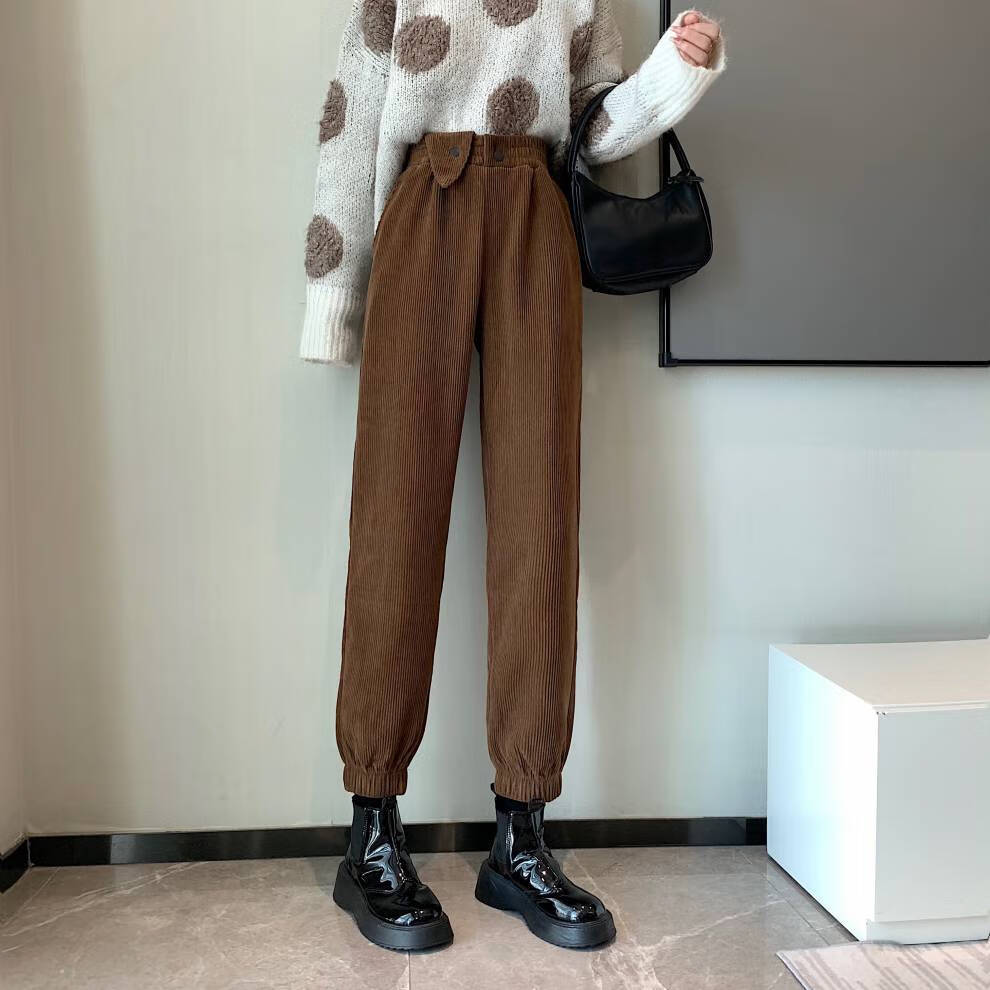 宽松束脚休闲裤哈伦裤ins秋冬季保暖女裤条绒通勤户外女式库子杏色m