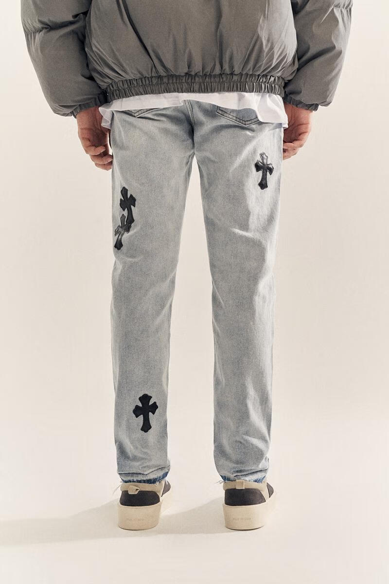 克罗心高街破坏reme破洞牛仔裤水洗做旧十字架贴皮男潮牌修身小脚裤子