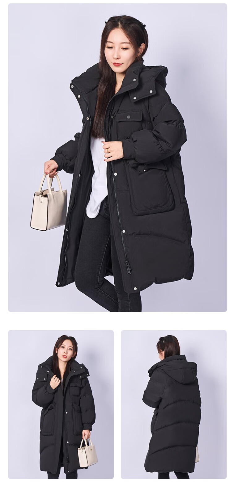 鸭鸭中长款羽绒服女连帽纯色2022年新款冬季保暖加厚外套h 清水蓝色 l