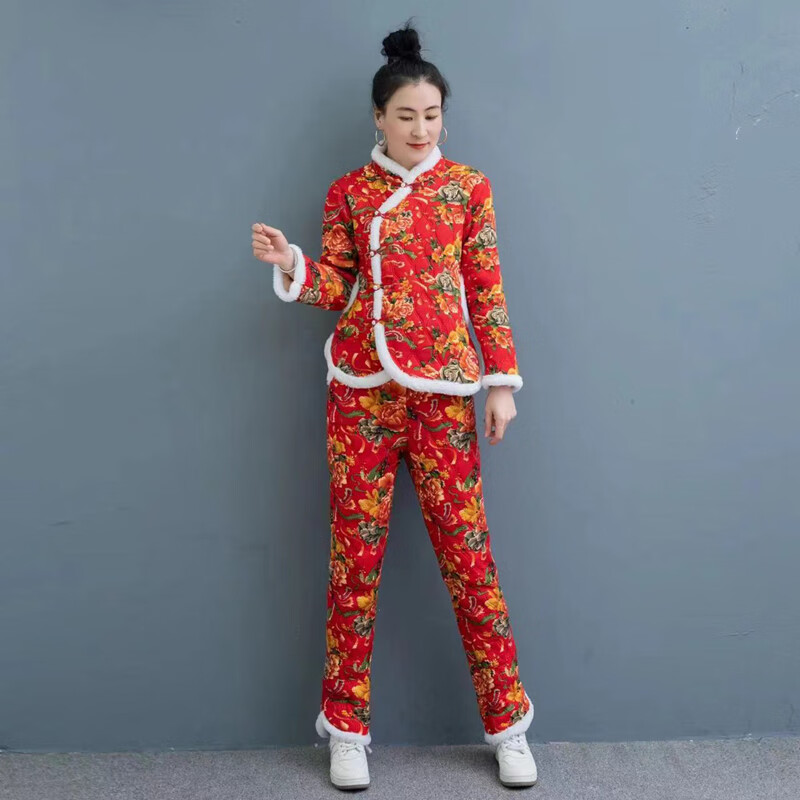 花2022式加绒棉袄棉裤两件套装唐装民族风妈妈花棉衣 绿色(棉衣 棉裤)