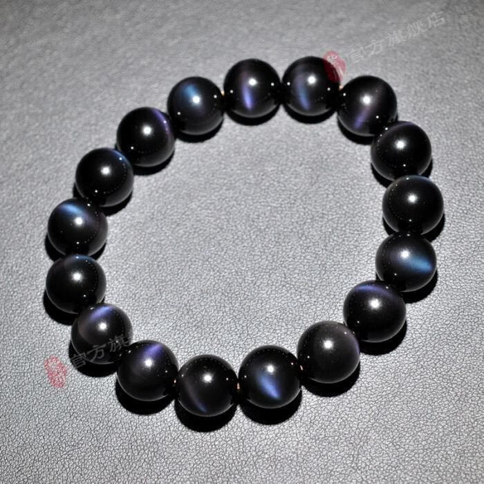紫川 彩眼黑曜石手链 猫眼效应 蓝眼 紫眼12mm男士手链 1牛年礼物情人