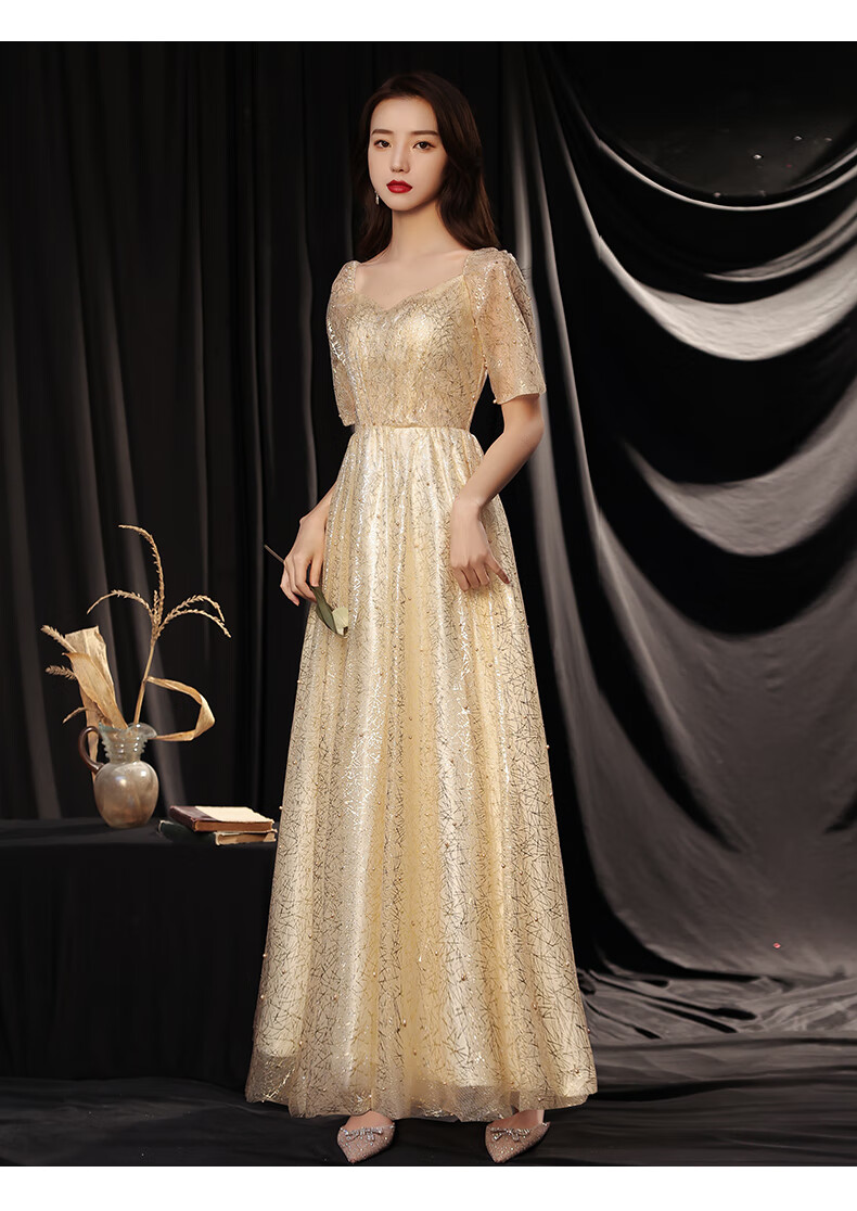 诗婷秀尹香槟色合唱团演出服女长裙修身气质礼服主持人图片色xs