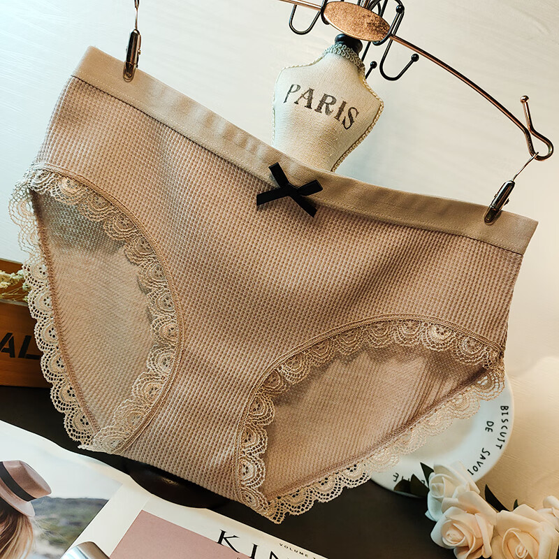 新品女生内裤蕾丝日系简约舒适竖条棉质面料性感蕾丝边女生三角内裤