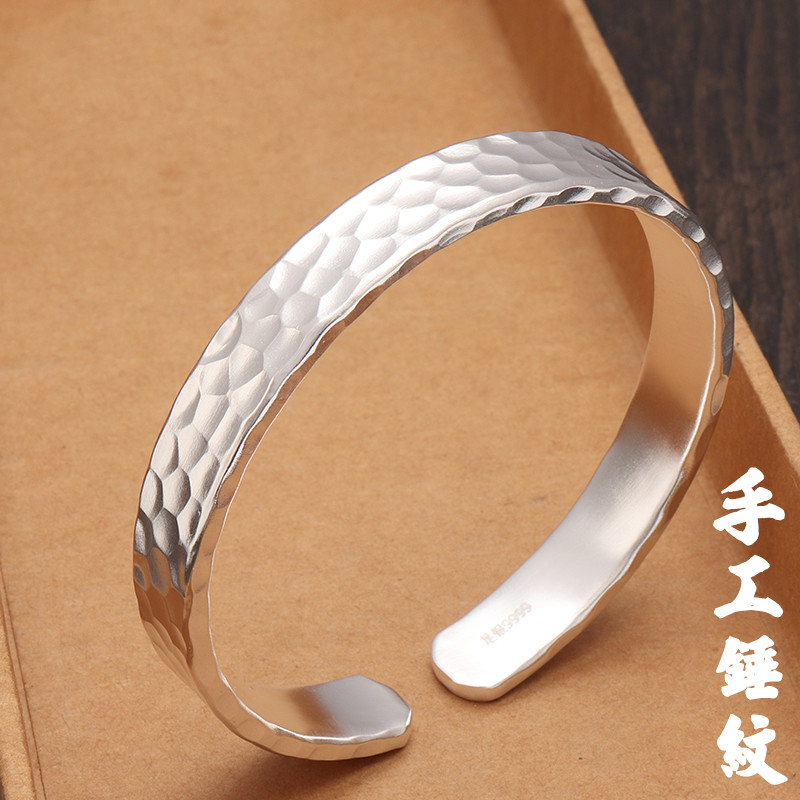 芙蕖足银9999银手镯开口情侣款锤纹银手环手工约46克面宽75mm手工锤纹