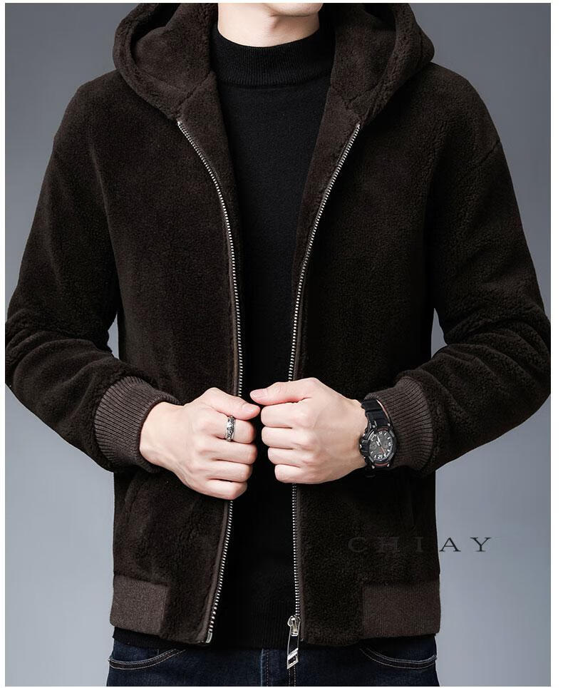 chiay轻奢品牌秋冬季颗粒绒外套男士羊剪绒羊羔绒大衣加厚连帽羊毛呢