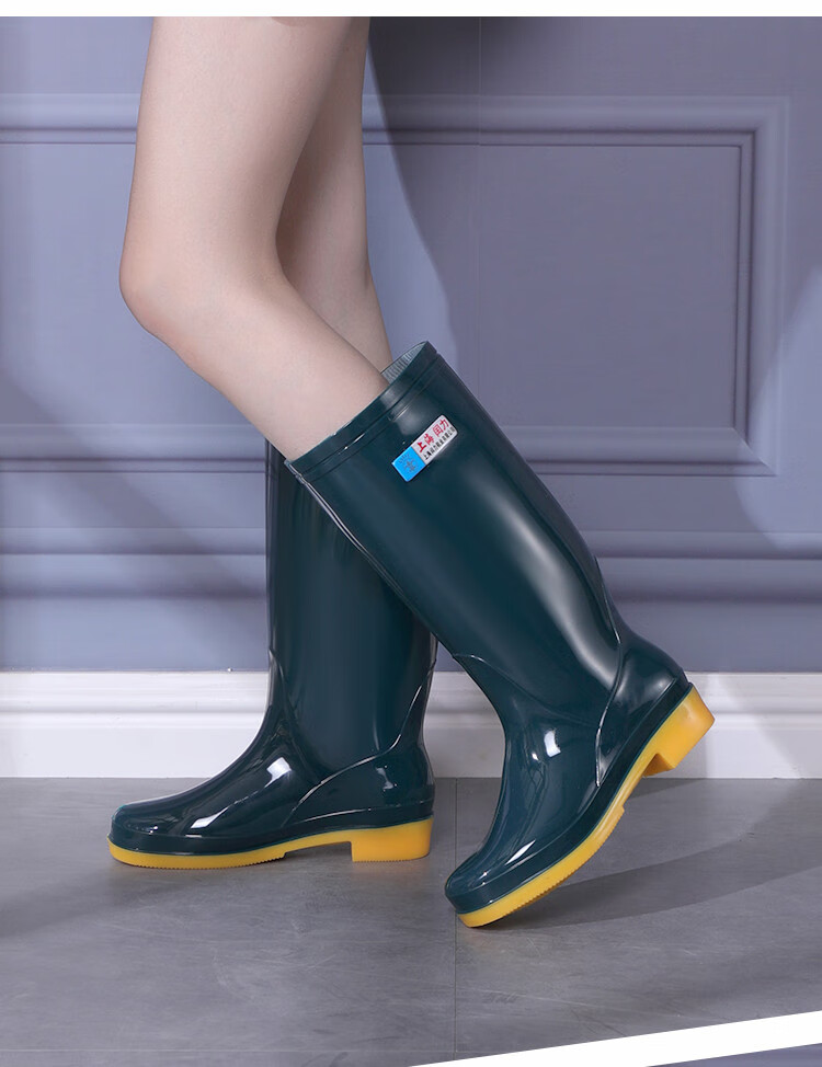 高筒雨鞋女士加绒雨靴牛筋底高腰水桶鞋防滑耐磨工作长筒水鞋高筒墨绿