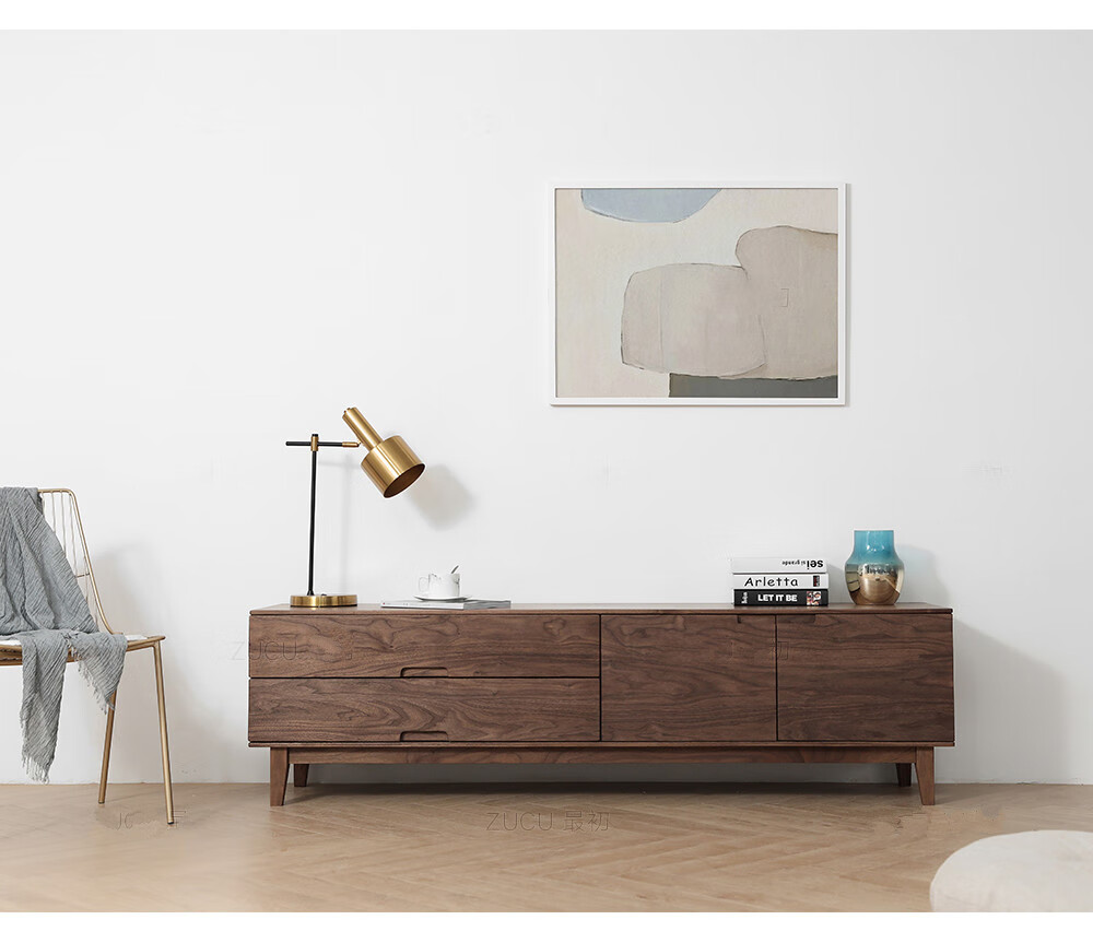 及木森品实木电视柜北欧日式黑胡桃橡木电视机柜纯实木简约客厅视听柜