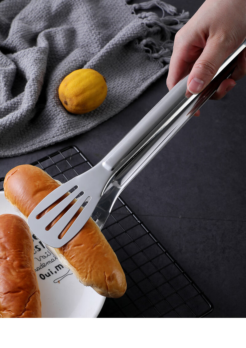 三线不锈钢食品夹子加厚食物夹煎烧烤夹牛排馒头面包烤肉夹自助餐14寸