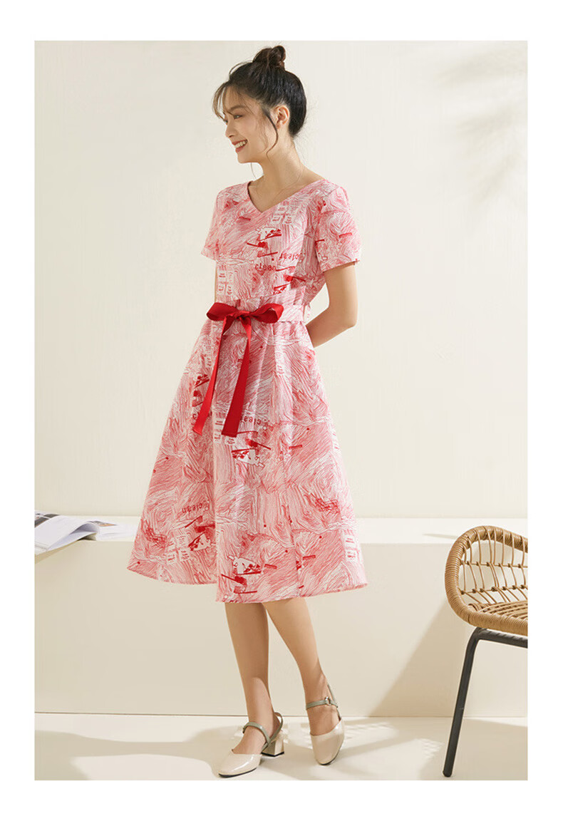 熙然夏季复古收腰感蝴蝶结印花碎花连衣裙女气质裙子蓝底黄花l