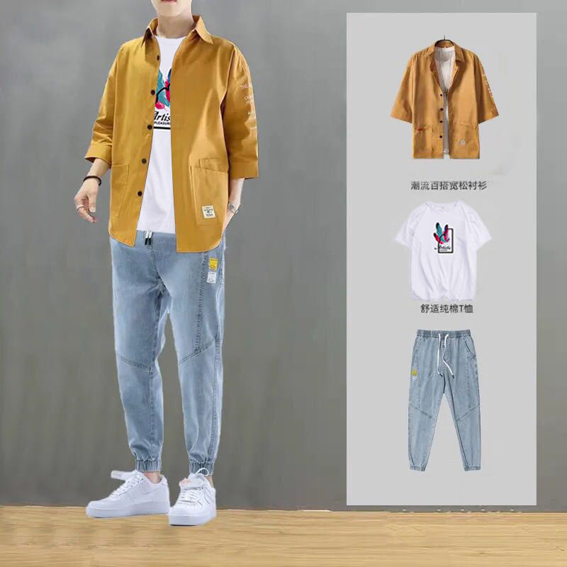 夏季男装套装上衣男士秋季新款潮流一套搭配青少年休闲套装帅气衣服三