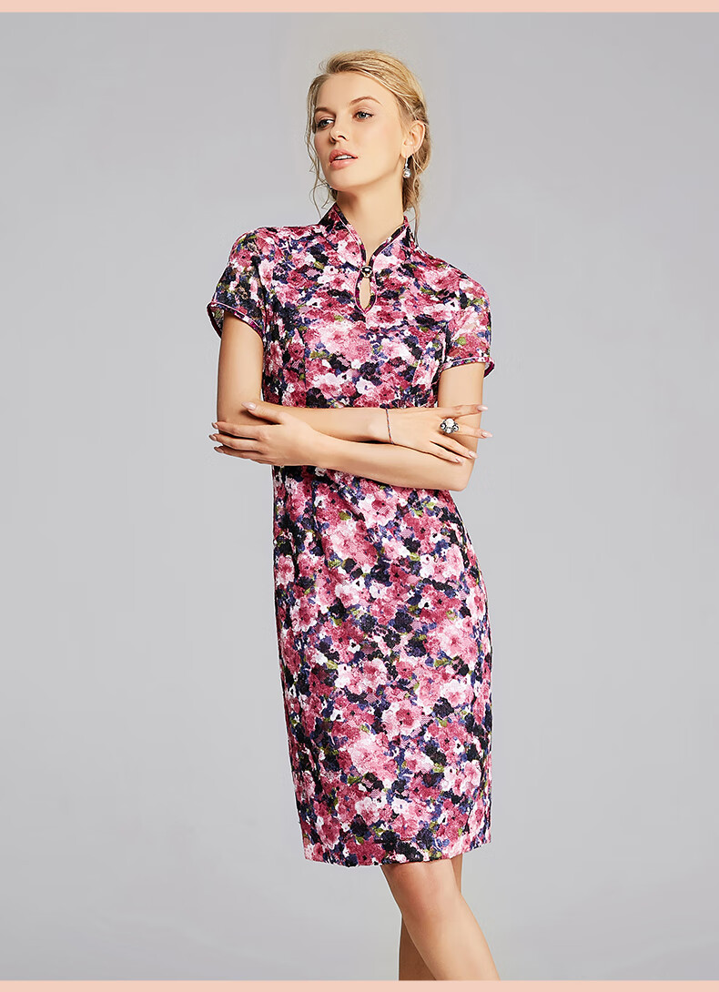 简爱诺蕾丝连衣裙夏季新款中年女装修身中长旗袍裙j710051lq 花色 38