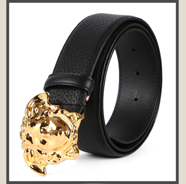 versace范思哲腰带男士黑色皮质荔枝纹金色美杜莎头像板扣腰带皮带dcu