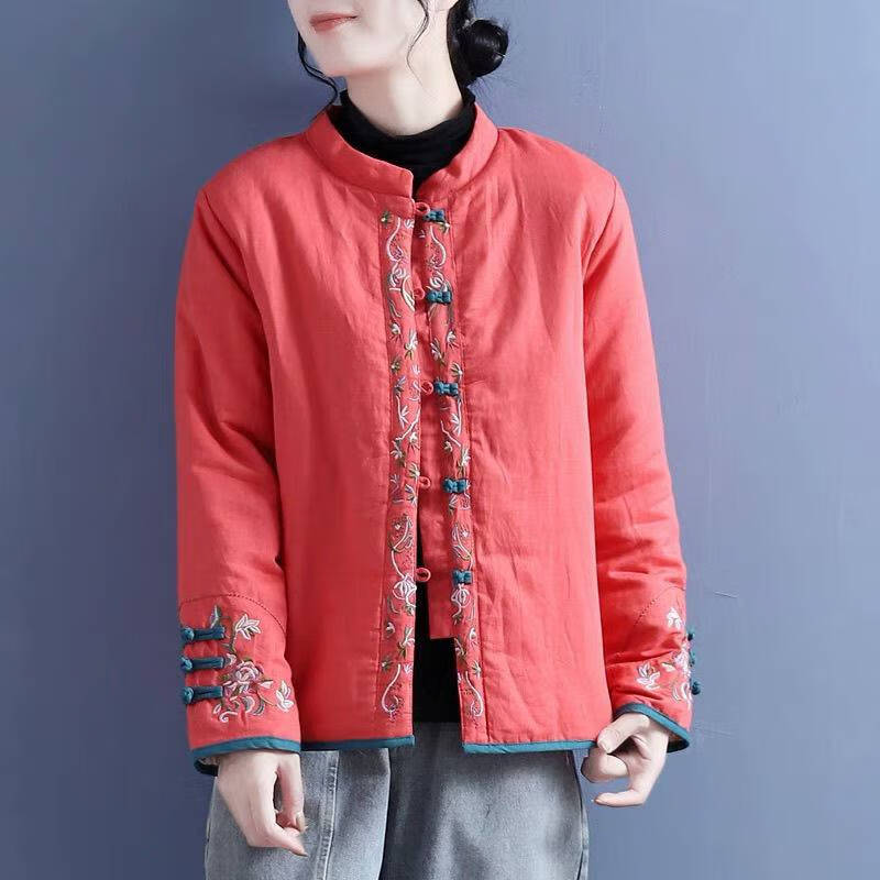 棉服棉衣棉袄外套女装冬冬新款中国风棉麻绣花棉服女复古盘扣立领对襟
