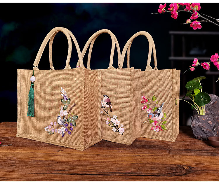 diy黄麻袋麻布 古风花鸟麻布袋中国风黄麻袋环保购物手提袋礼品包装袋