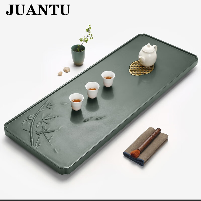 juantu茶具天罗绿石茶盘家用禅意功夫茶具中式复古石材茶台刻字天青石