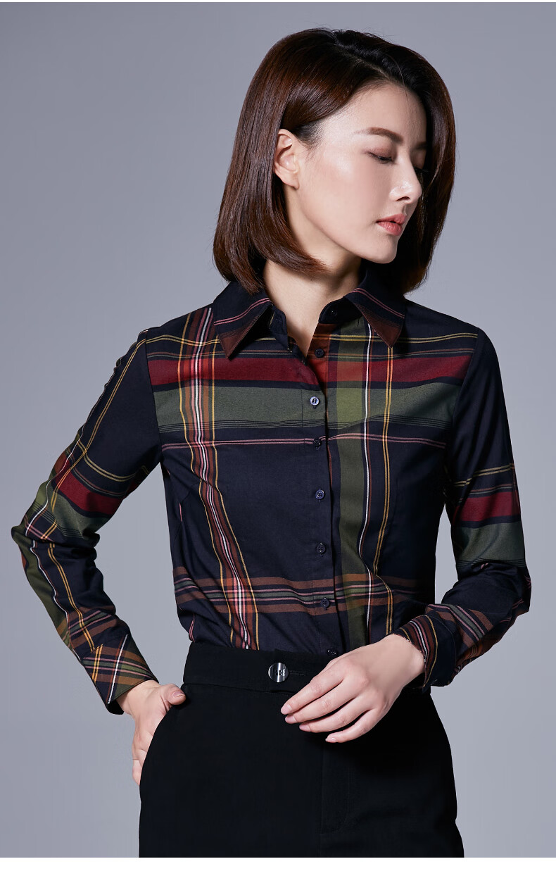 璐丝百丽蓝色磨毛格子衬衫女长袖春秋棉质衬衣2022新款高端气质时尚