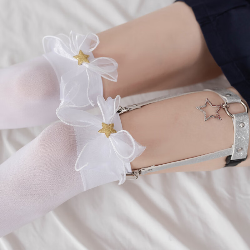 夜驰日系洛丽塔袜子欧根纱蝴蝶结过膝白色长筒丝袜少女可爱软妹大腿袜