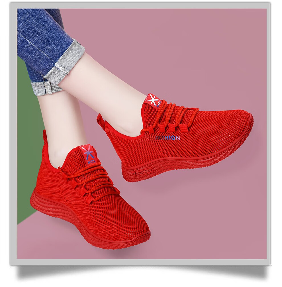 闰平底运动鞋网面透气跑步鞋板鞋旅游鞋女士鞋子艾优黑红色dh9802136