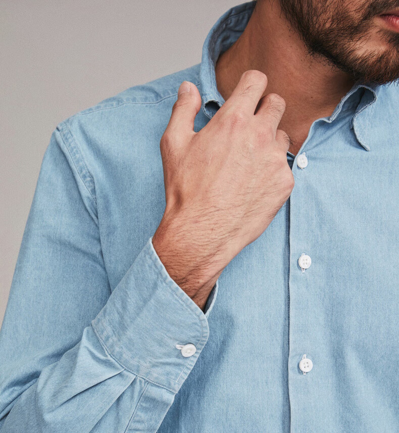 fullmonty秋季浅蓝色小暗扣领水洗牛仔衬衫男士休闲长袖浅蓝色228640