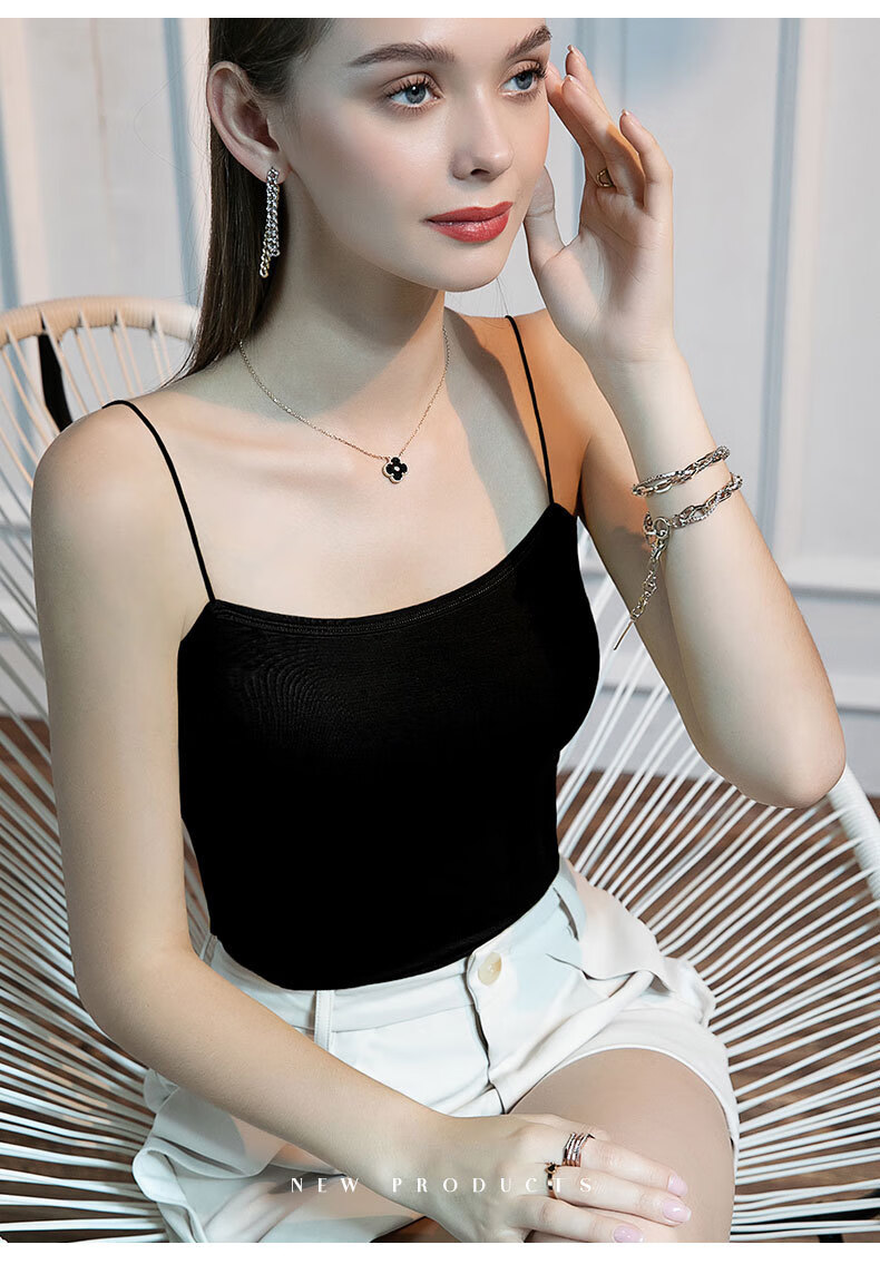 隐里小吊带女修身性感洋气外穿内搭打底细肩带美背无袖背心黑色s