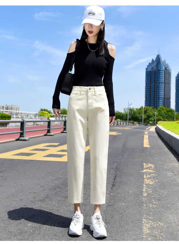 白色新款牛仔裤女直筒宽松春秋季韩版高腰显瘦潮流百搭九分烟管裤白色
