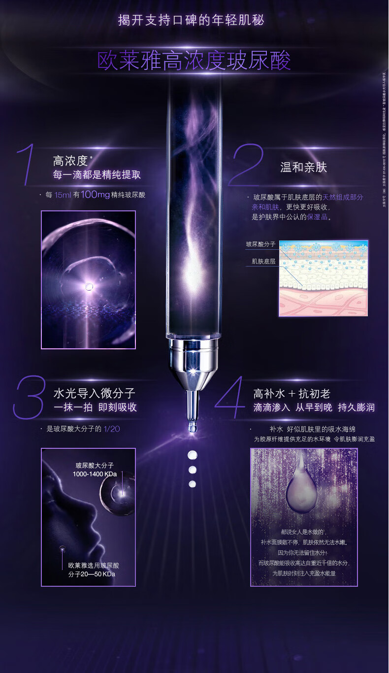 欧莱雅复颜玻尿酸水光充盈导入乳液玻色因乳液补水保湿 玻尿酸乳液 50ml*2 体验装