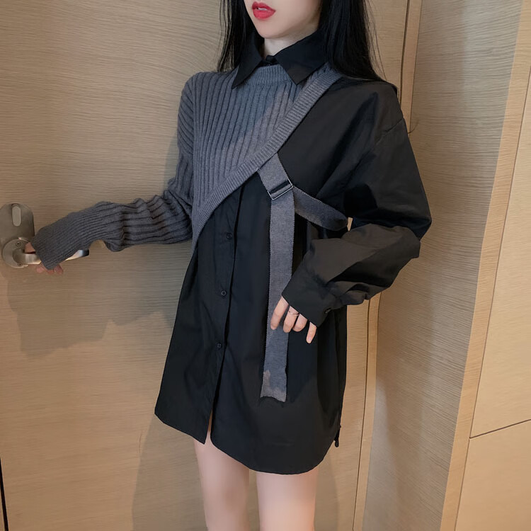 衬衣秋季2020新款中长款衬衫上衣不规则针织毛衣两件套女 黑色毛衣