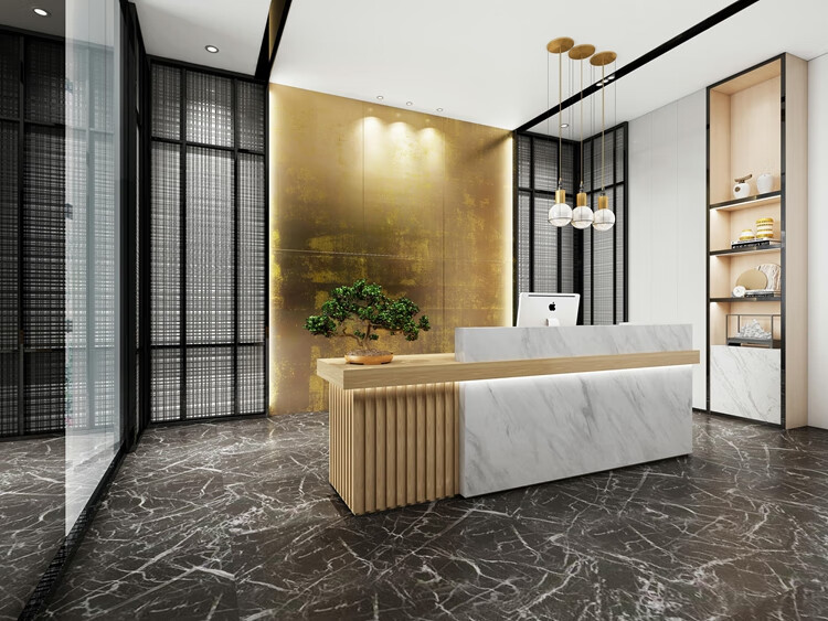 闽归新中式收银台服装店柜台宾馆市吧台桌公司酒店前台接待台原木色