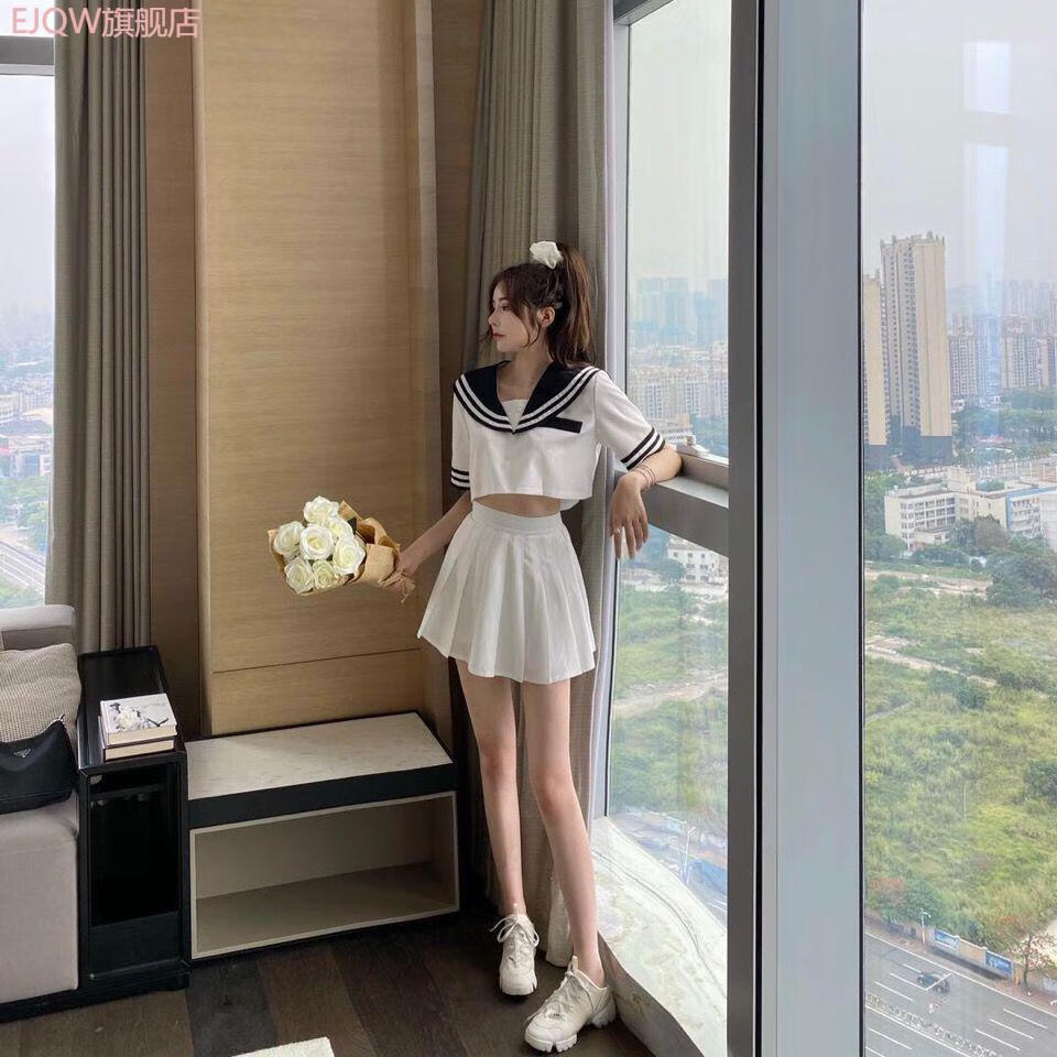 夏季两jk制服裙日系水手服闺蜜装百褶裙两软妹班服学院风zop白色海军