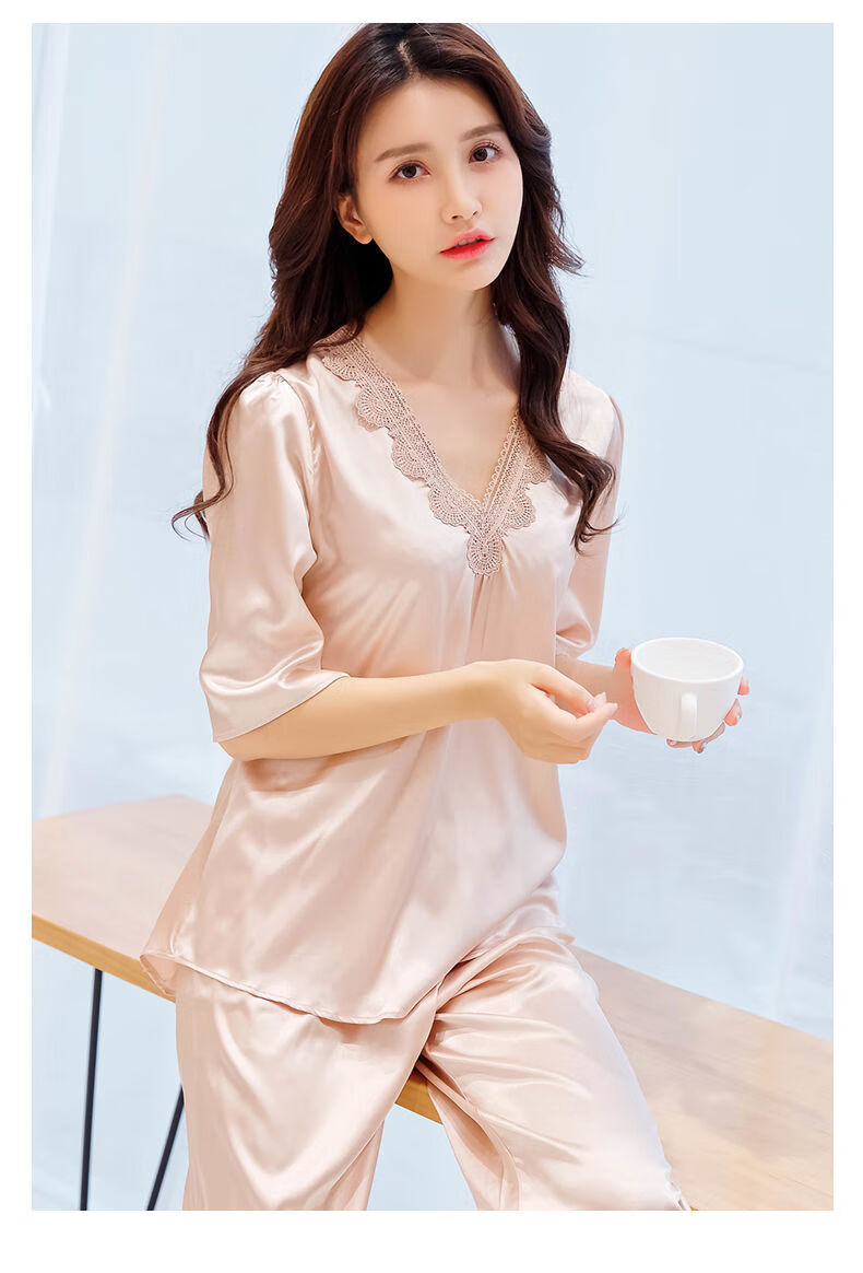 yishan性感睡衣女品牌女装睡衣女冰丝夏季短袖两件套装仿真丝绸大码套