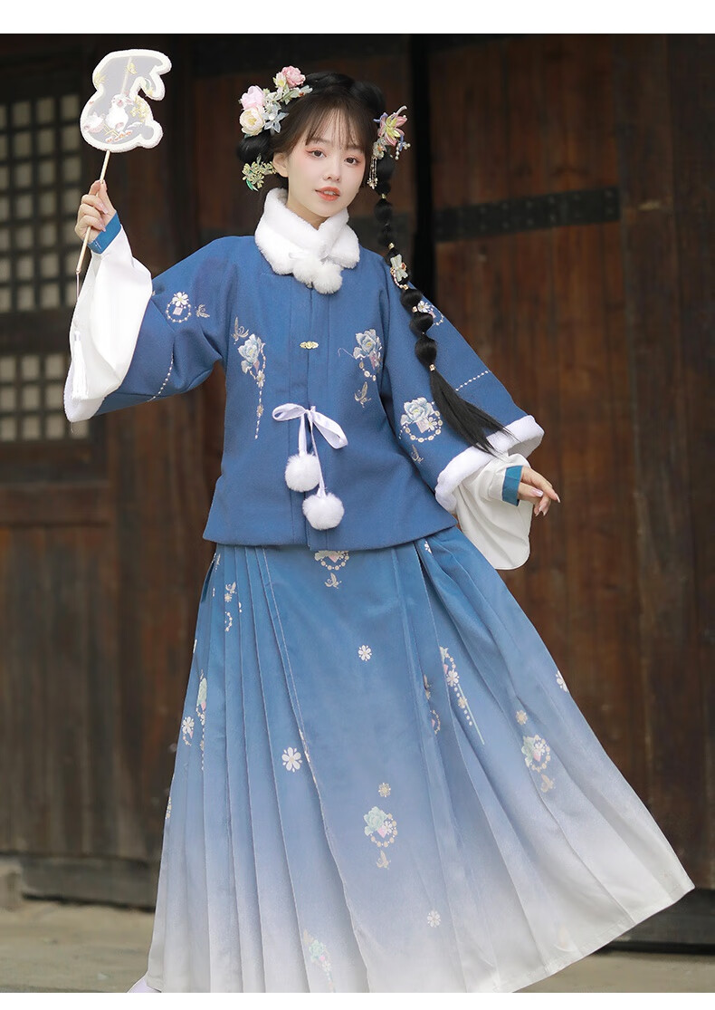 卡辑花雪明制汉服女冬季全套古装马面裙中国风改良加厚保暖花雪蓝色